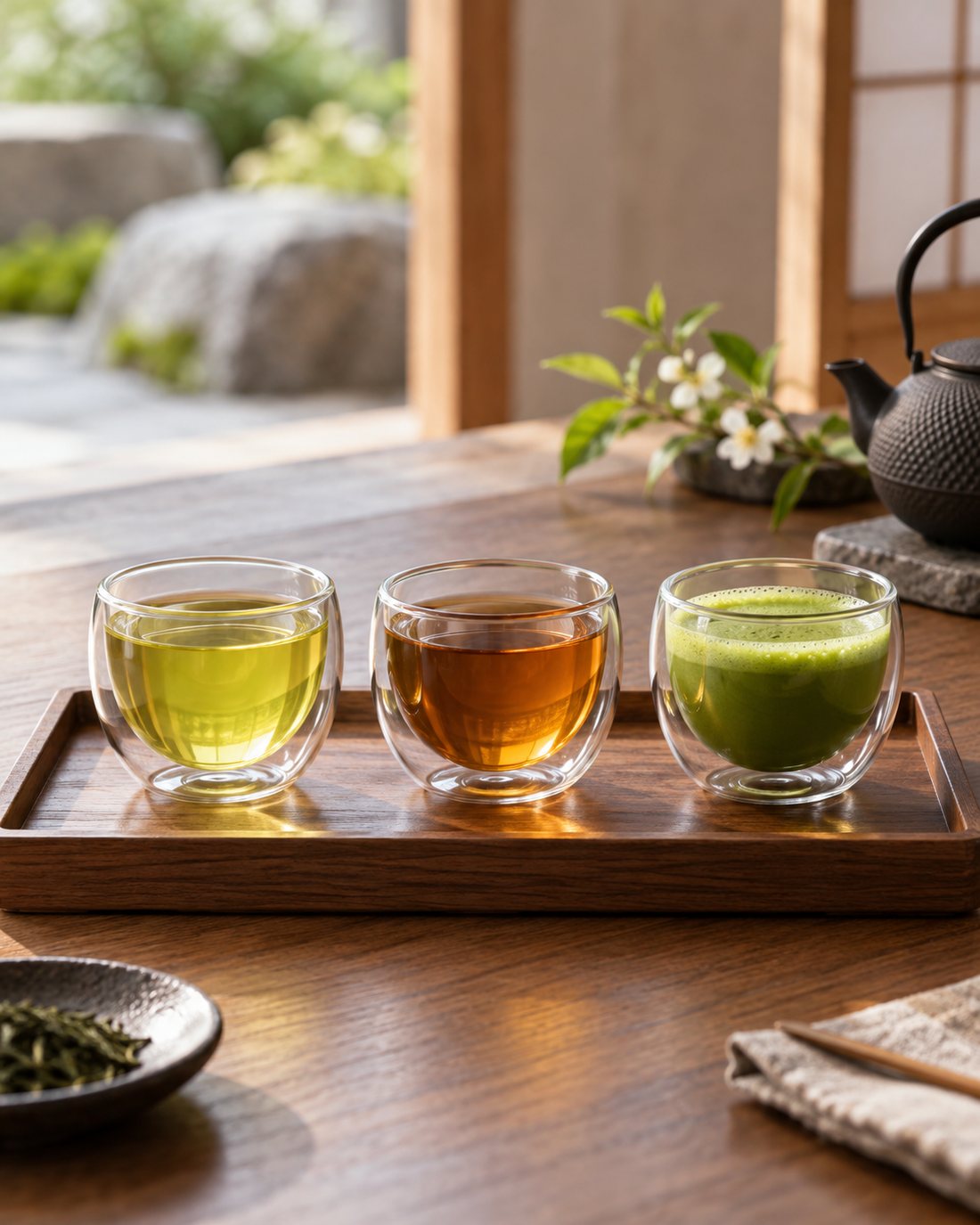 A tasting flight of sencha, hojicha and matcha in three glasses