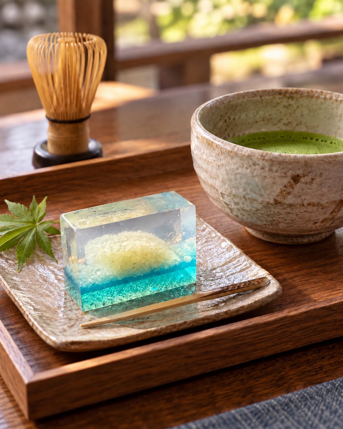 A bowl of matcha served with a translucent wagashi sweet