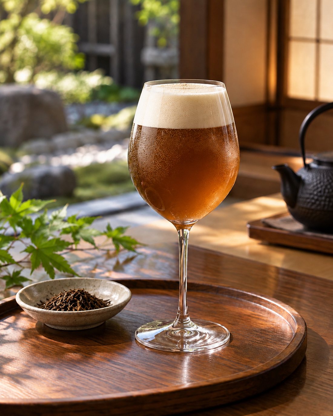 Nitro hojicha with a creamy head, served in a wine glass