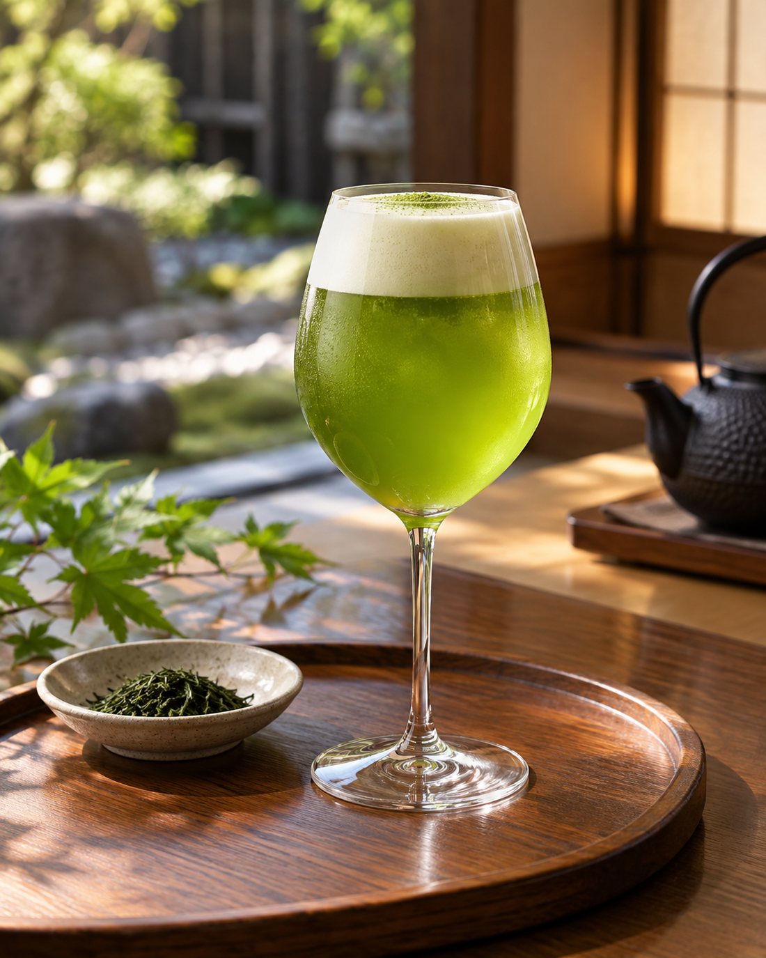 Nitro sencha with a creamy head, served in a wine glass