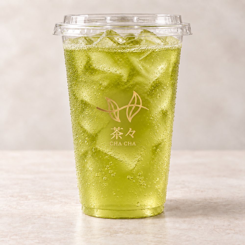 Iced sencha in a CHACHA branded cup
