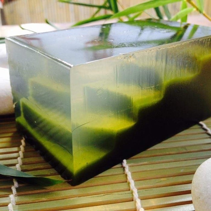 A wagashi with layered greens like terraced rice fields